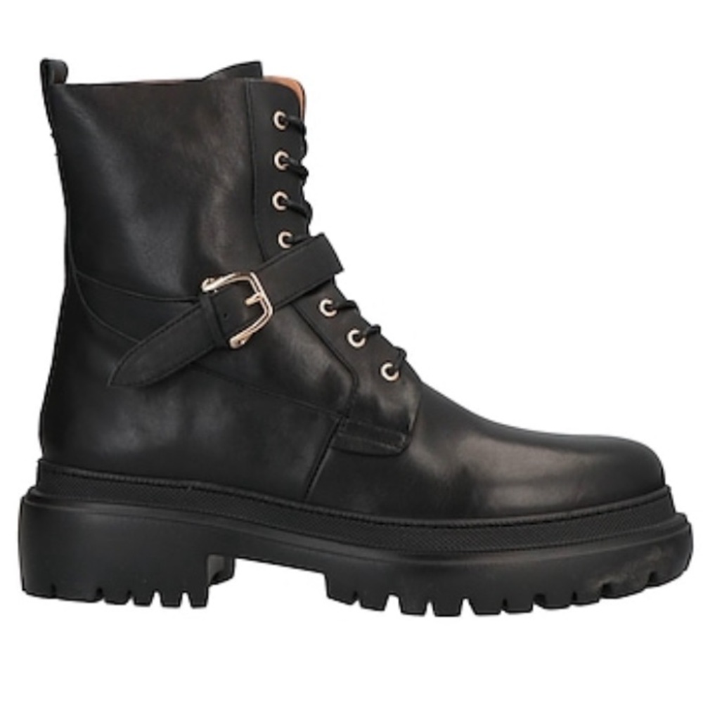 Trussardi Womens Italian Leather Lace Up Single Strap Combat Boots Black Size 39